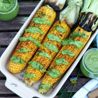 grilled corn on the cob with avocado dill dressing